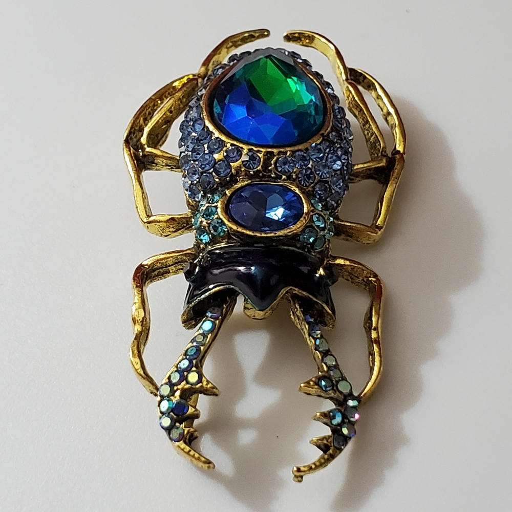 Enamel blue crystal Bug insect beetle gold brooch necklace pendant New Beautiful - Picture 14 of 14